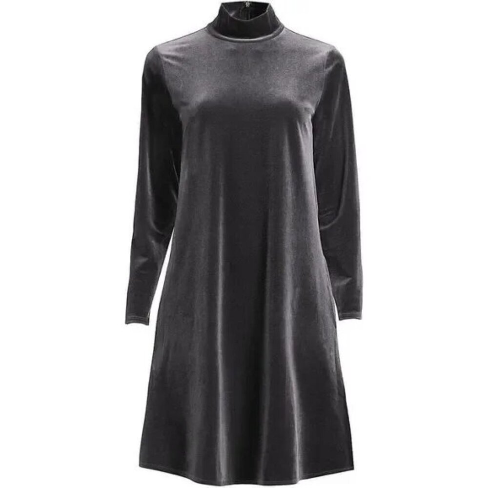 NWOT! Lands' End Grey Velour Mock Neck Swing Dress with Pockets, Sz. M (10/12)